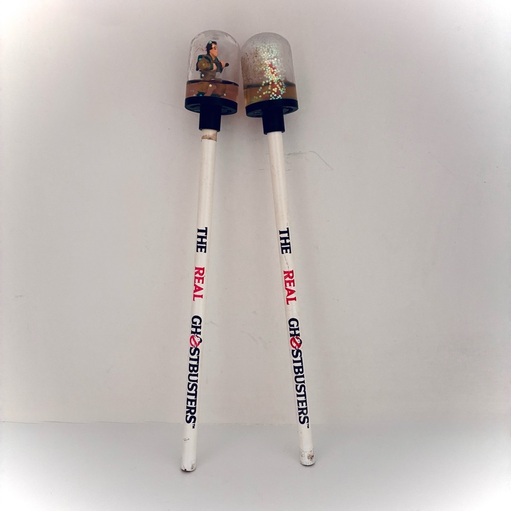 The Real Ghostbusters Pencil w/snow globe toppers 1989, by Noteworthy, RARE (2)